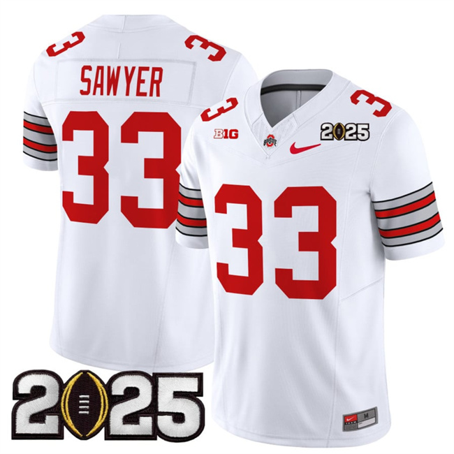 Men Ohio State Buckeyes 33 Jack Sawyer White 2025 CFP Final Patch F.U.S.E. Vapor Limited Stitched NCAA Jersey